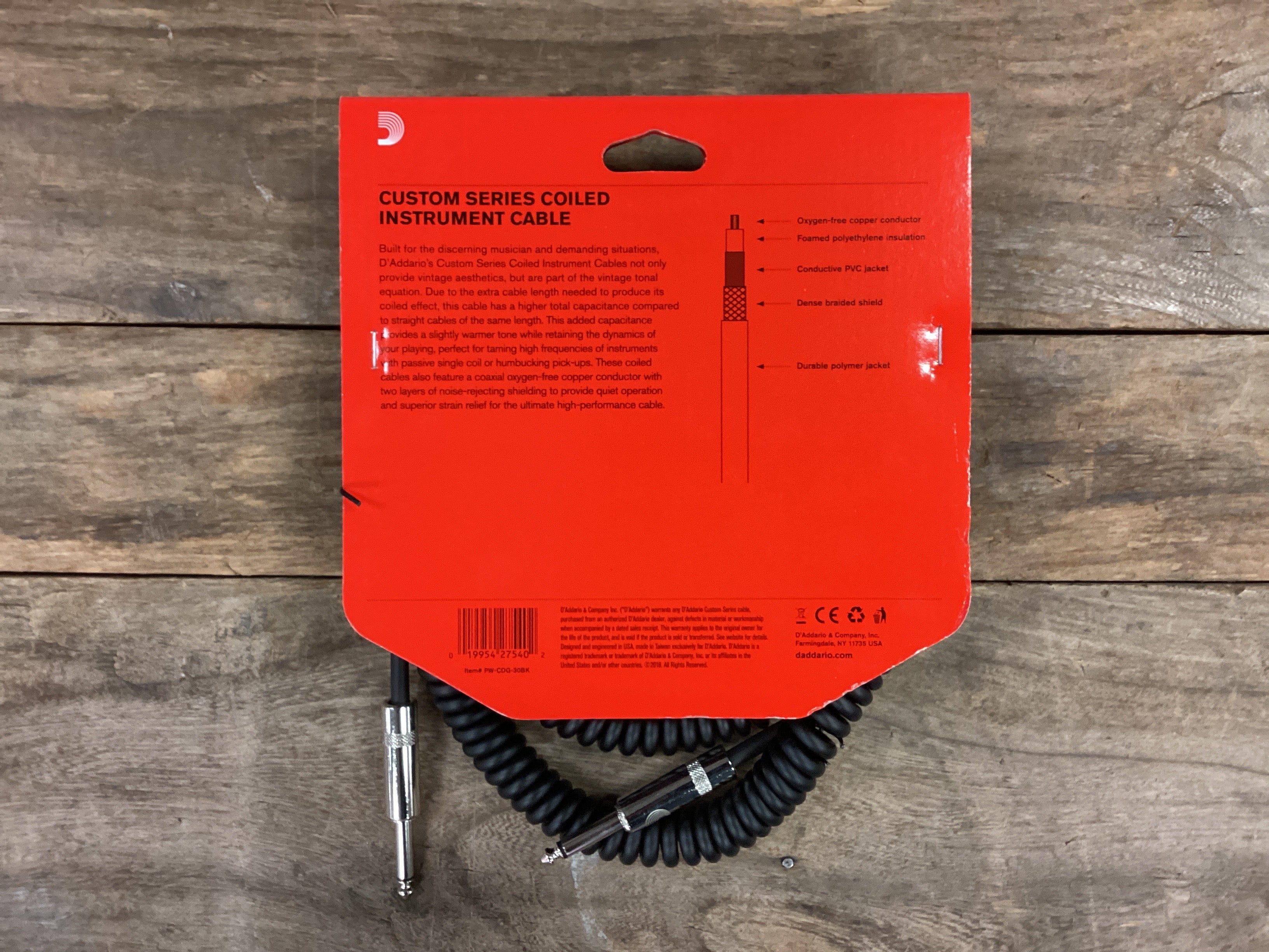 Image of D'Addario Custom Series Coiled Instrument Cable, Black, 30'