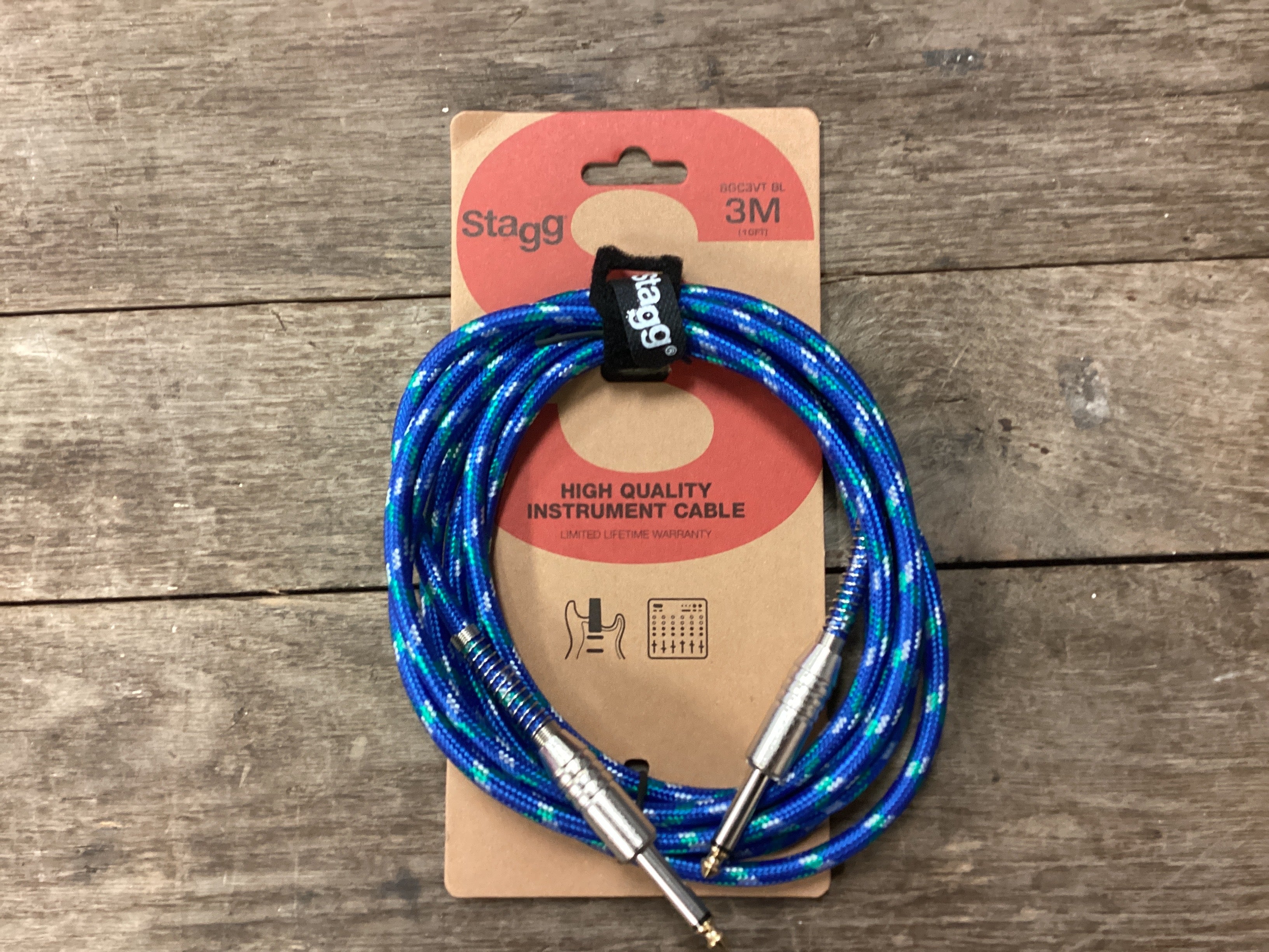 Image of Stagg 10ft Blue Tweed Instrument Cable Straight to Straight 1/4 Inch