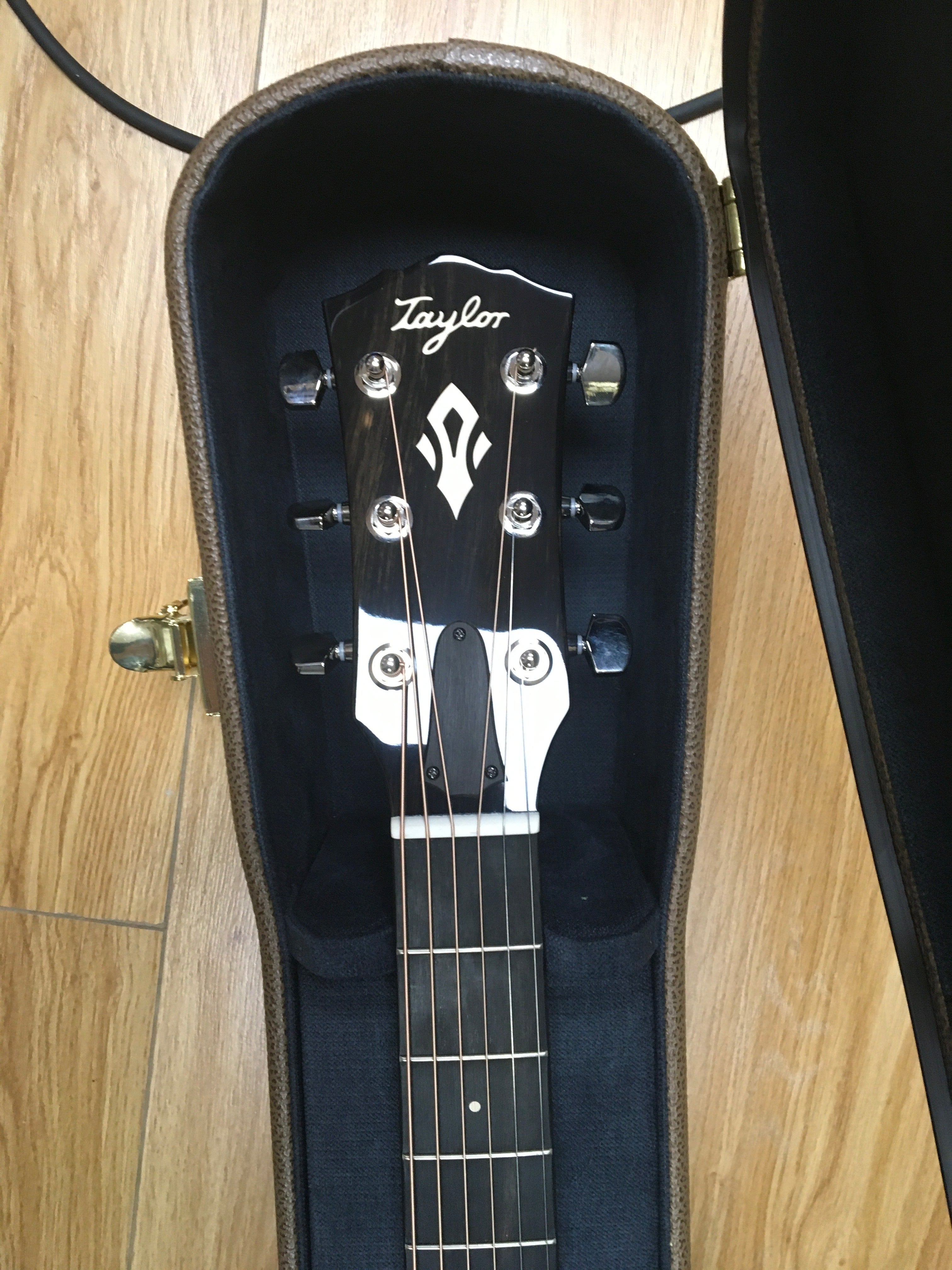 Image of Taylor guitar headstock inside a black guitar case on a wooden floor.