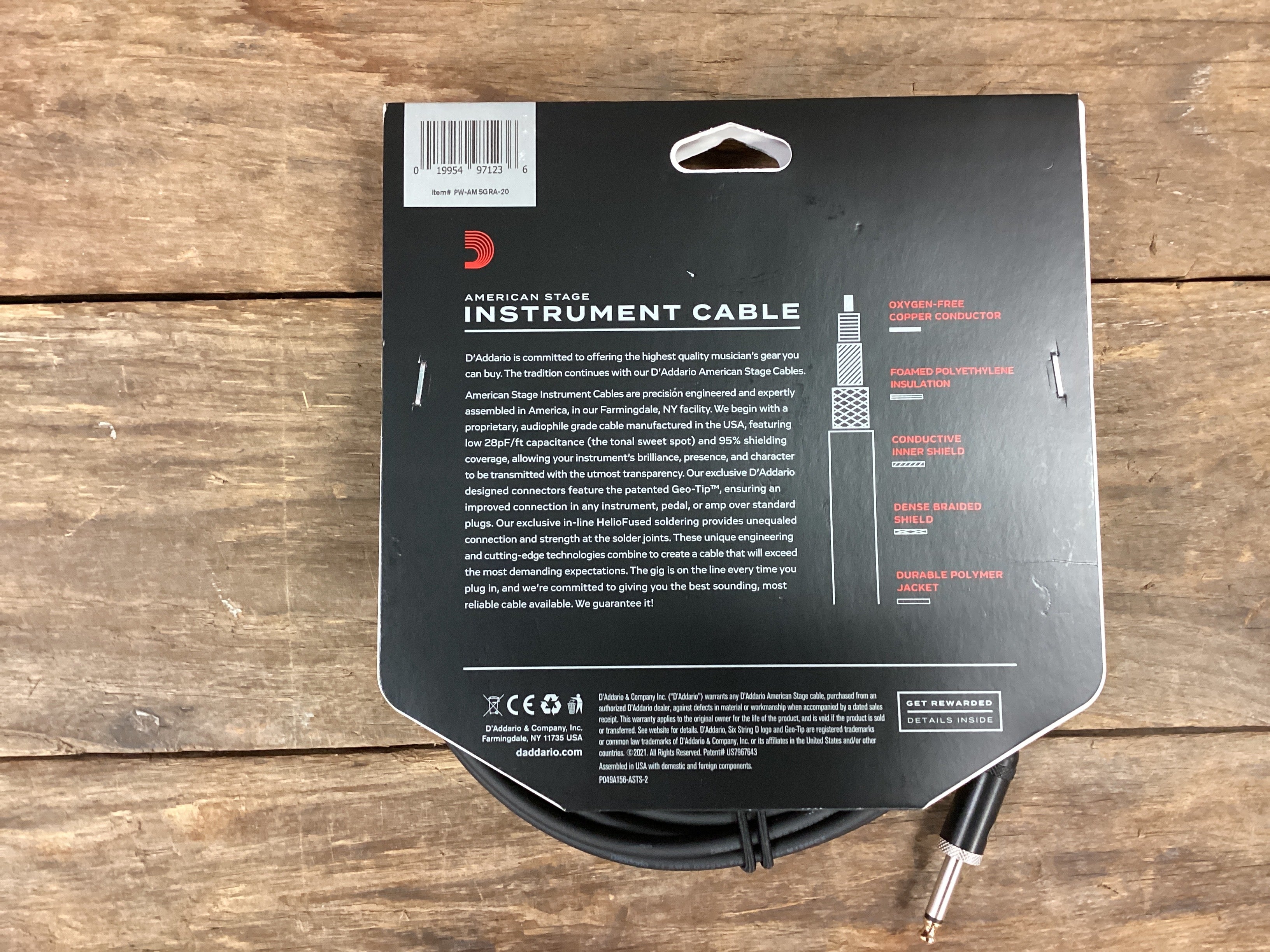 Image of Daddario American Stage Instrument Cable 20’ Right Angle