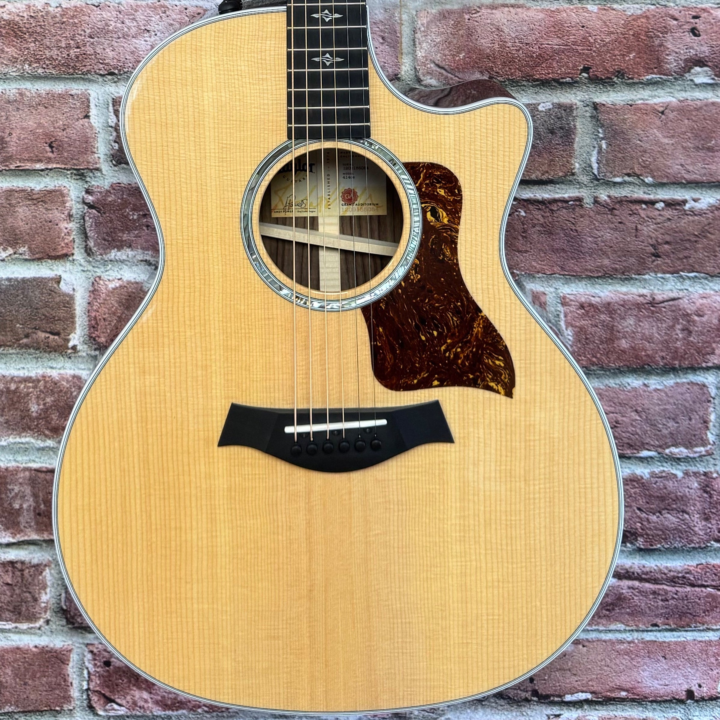 Acoustic guitar leaning against a brick wall