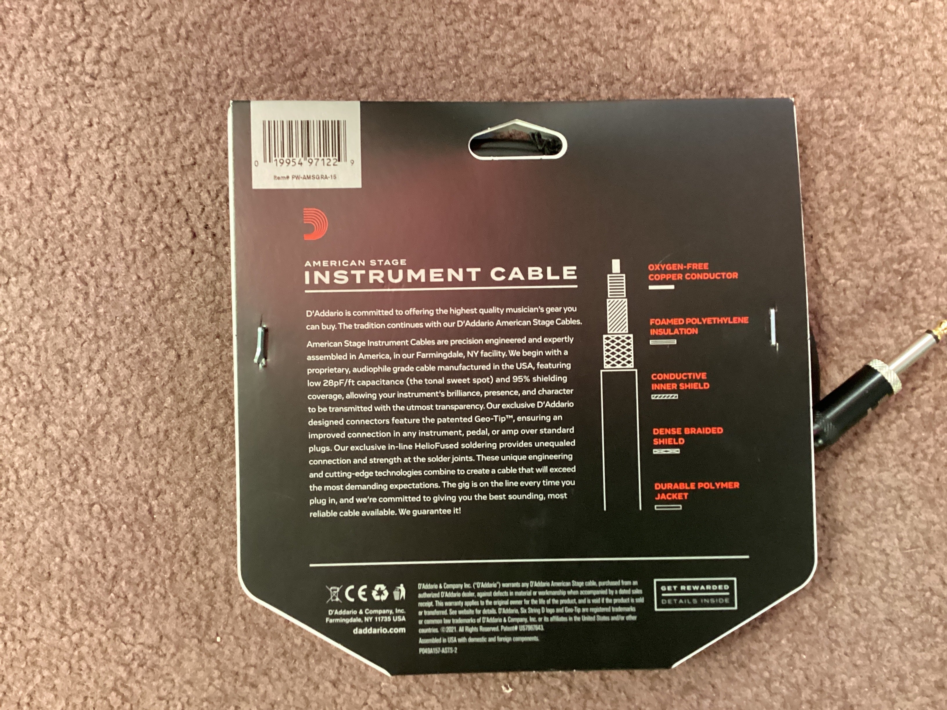 Daddario American Stage Instrument Cable 15’ Right Angle