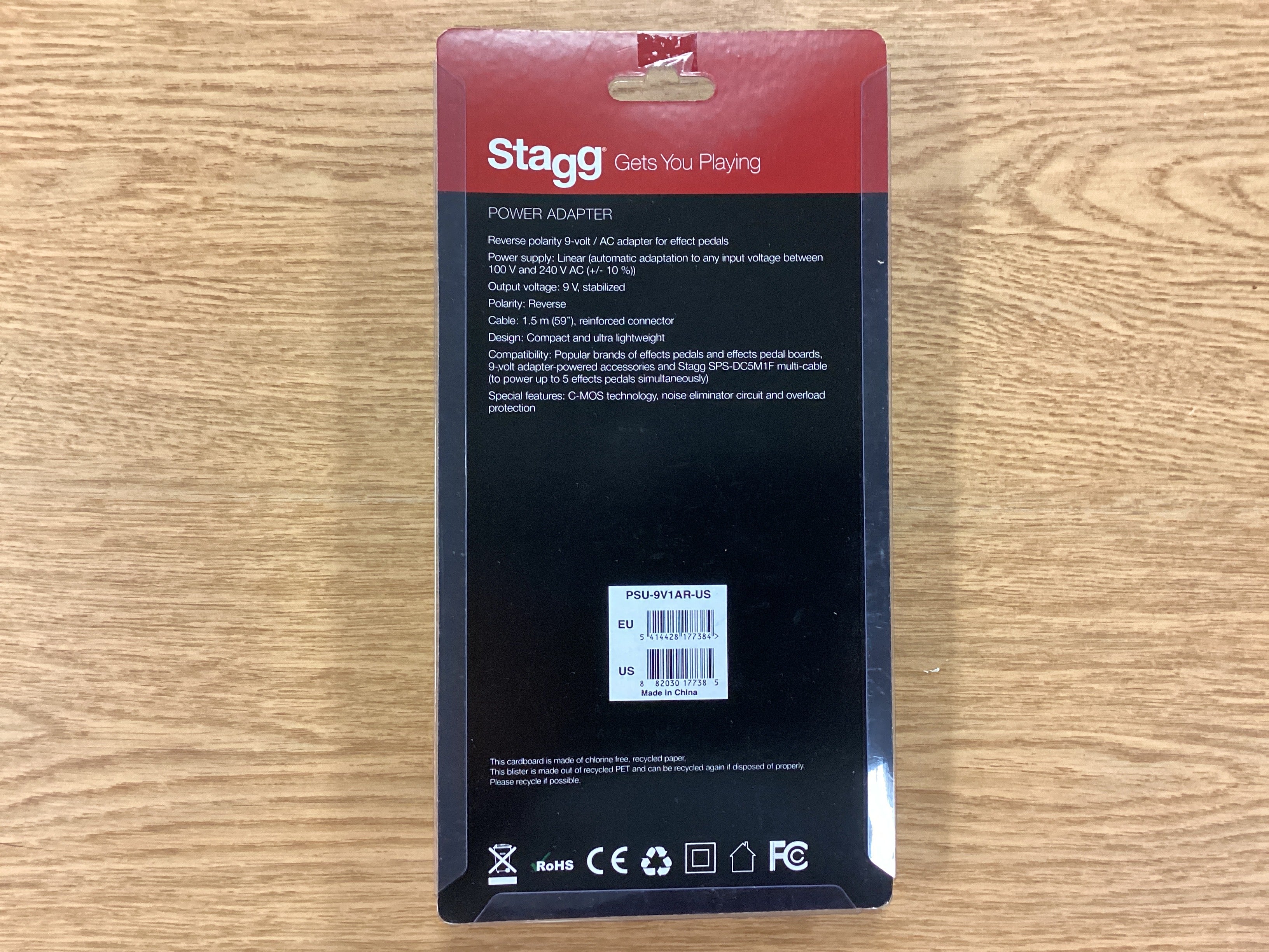 Image of Stagg 9-volt Guitar Pedal Adapter~1.0amp~59” cable (center negative)