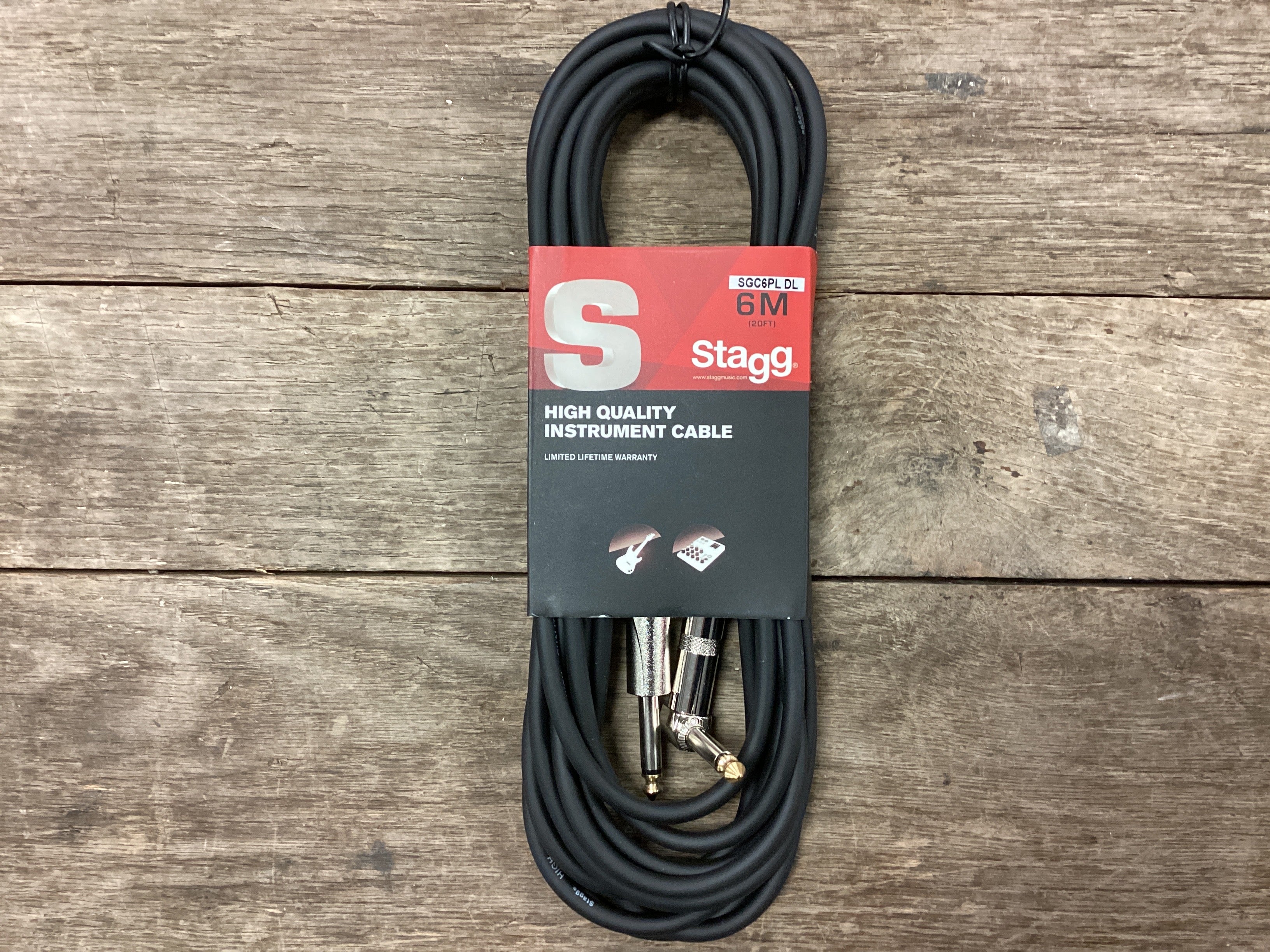 Image of Stagg 20ft Instrument Cable Angled to Straight 1/4 Inch