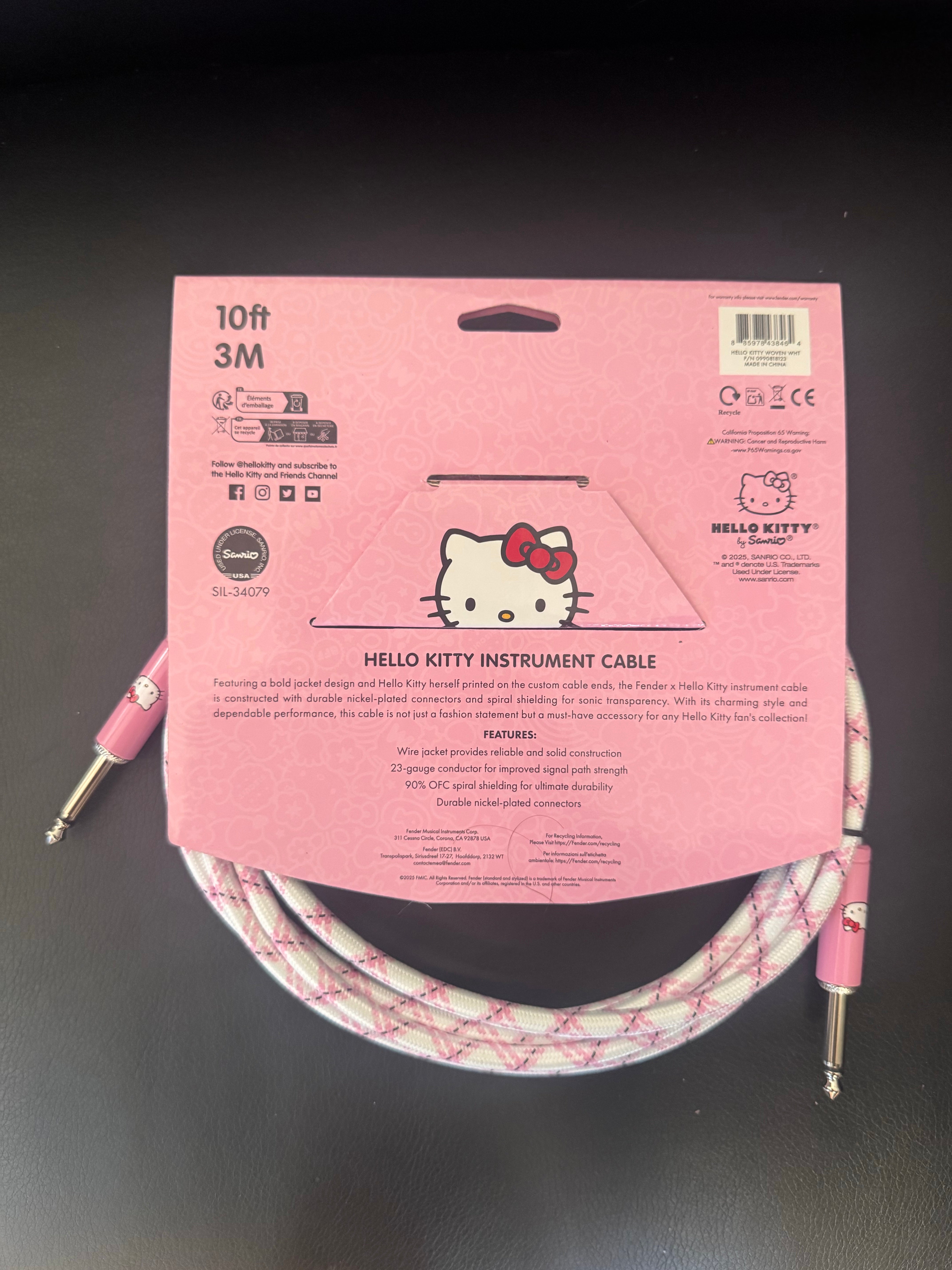Image of Fender® x Hello Kitty® White/Pink Woven Instrument Cable, 10'