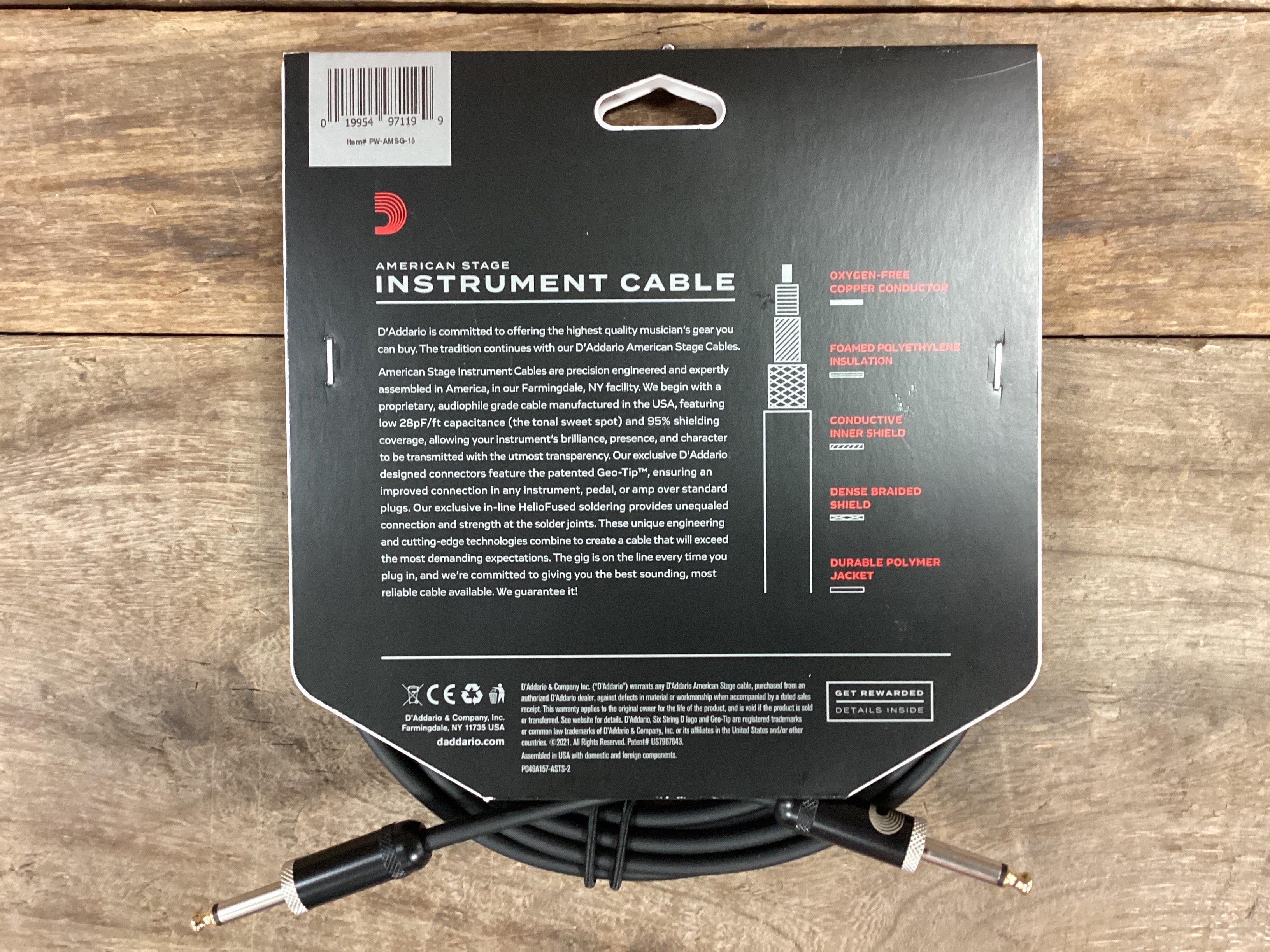 D'Addario American Stage Instrument Cable, 15 feet