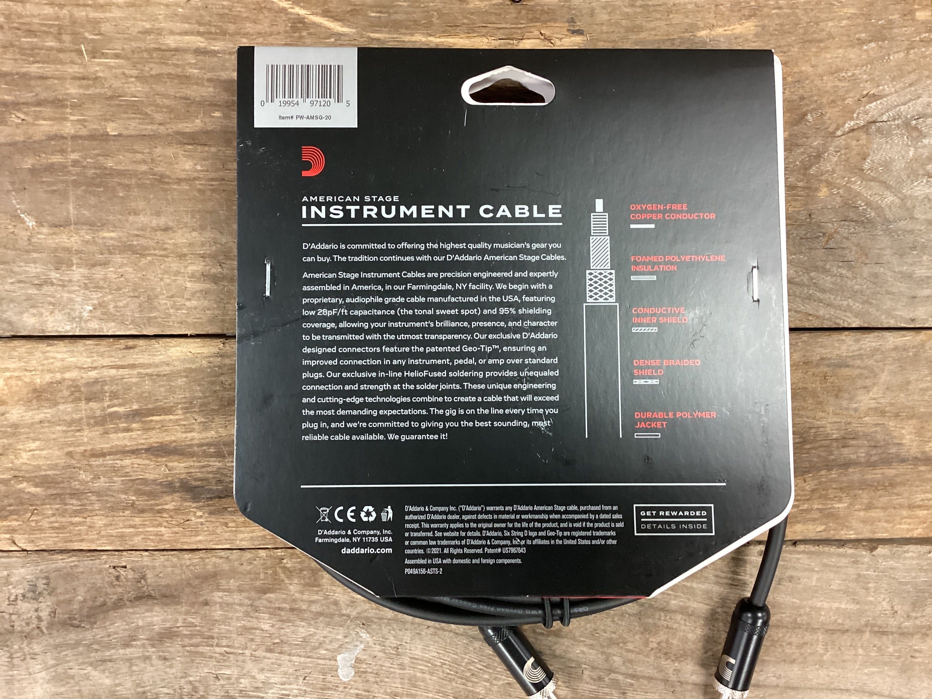 D'Addario American Stage Instrument Cable, 20 feet