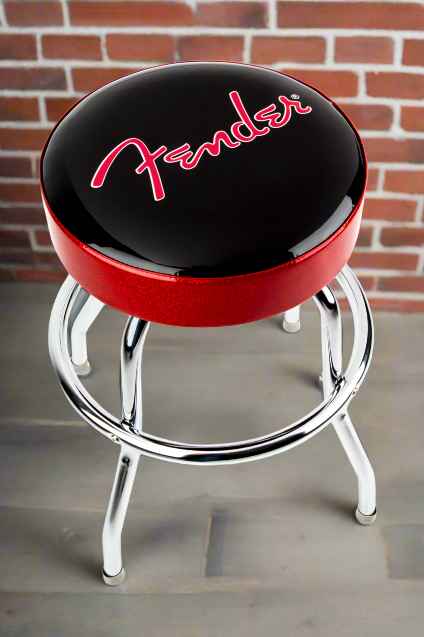 Fender® Logo Bar Stool, Black and Red Sparkle, 24 Fender® Logo Bar Stool, Black and Red Sparkle, 24