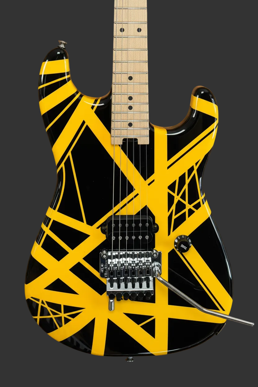 Image of Black and yellow electric guitar against a wood
