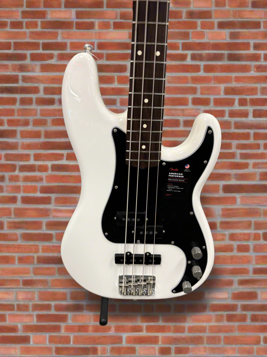Image of Fender American Performer Precision Bass Arctic White with gig bag