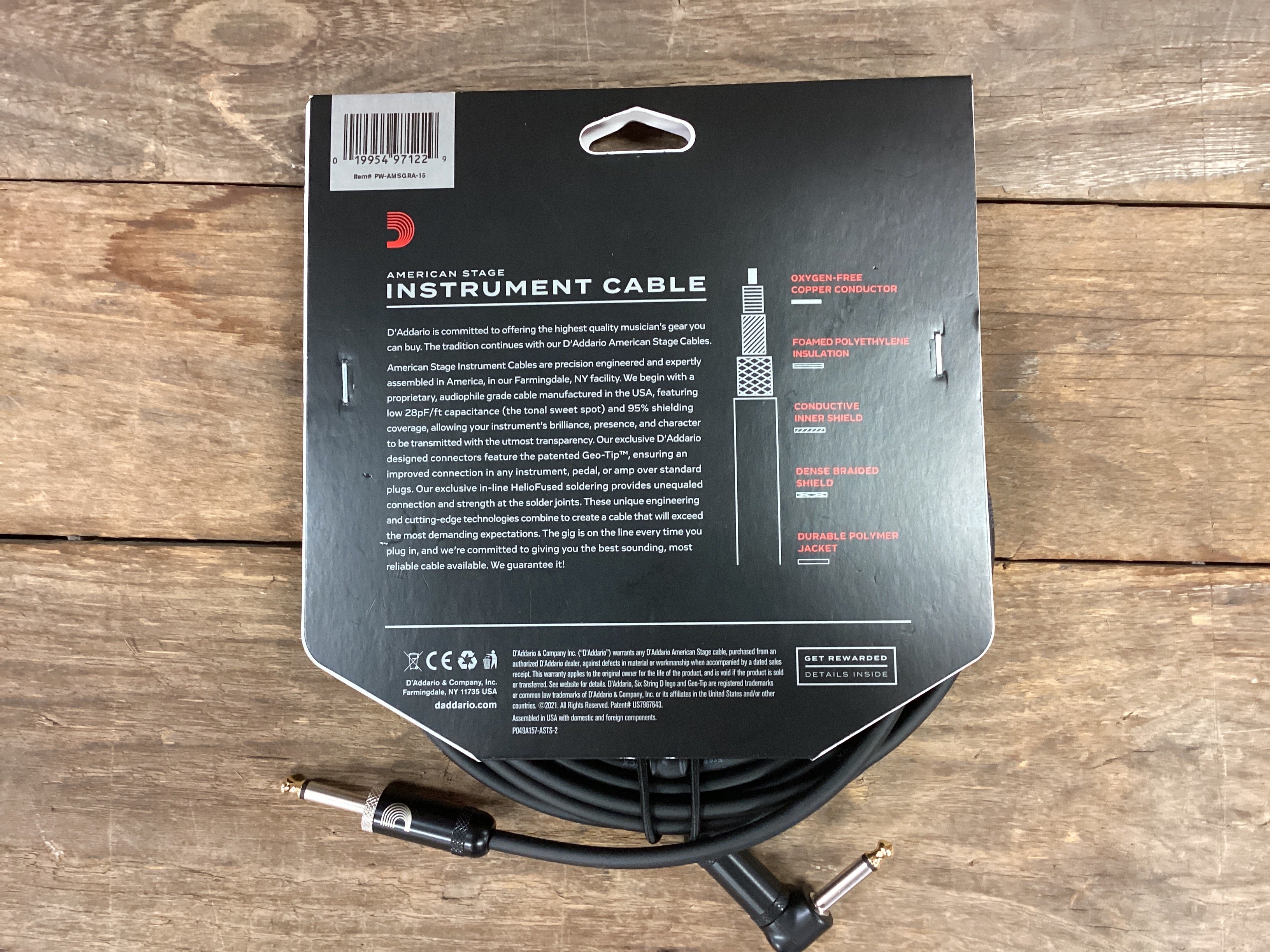 Daddario American Stage Instrument Cable 15’ Right Angle