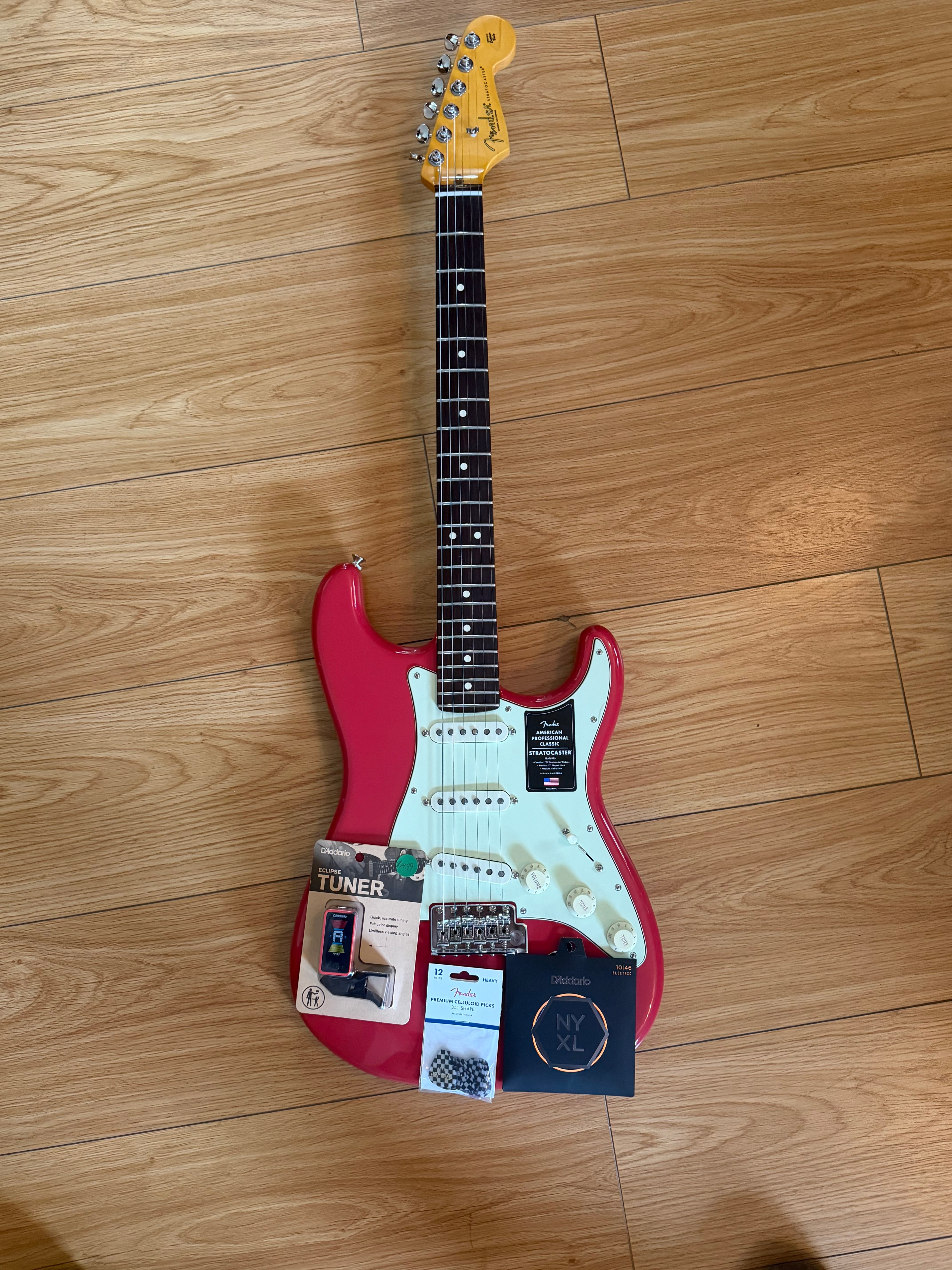 Image of Fender American Professional Classic Stratocaster Faded Dakota Red Bundle with Strap Strings Tuner Picks