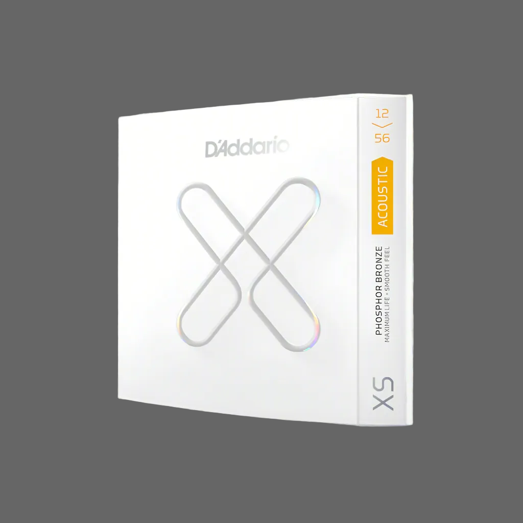 Image of A box of D'Addario XS Phosphor Bronze coated acoustic guitar strings, with the brand logo and product information displayed on the front.