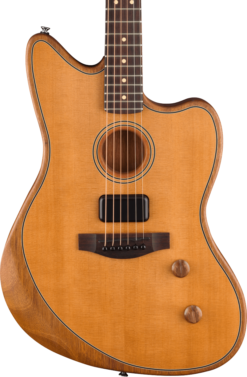 Image of Electric guitar with a wooden body and white pickguard on a white background