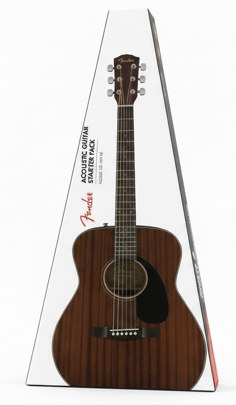 Image of Fender acoustic guitar in clear packaging on a white background