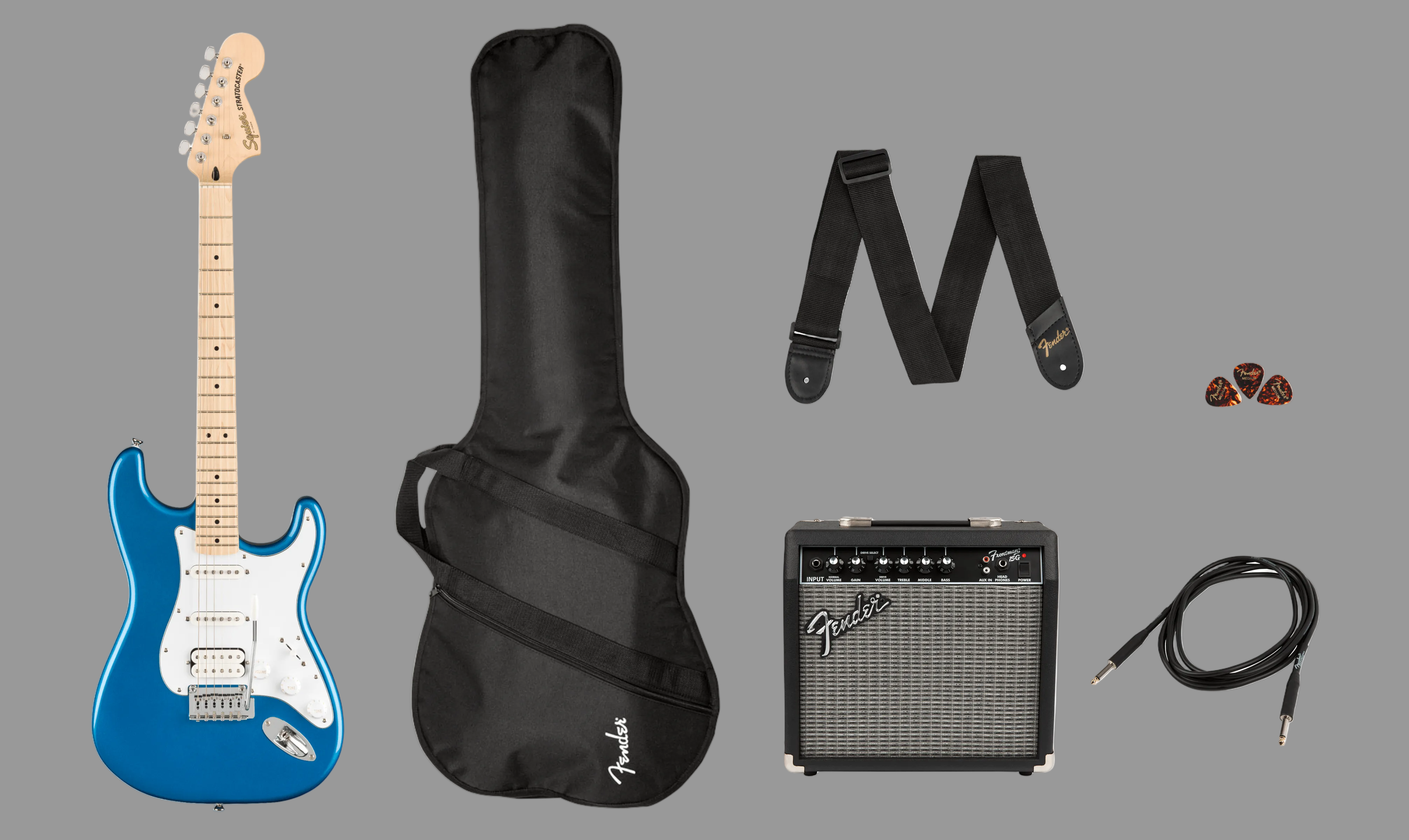 Image of Guitar set with blue electric guitar, black case, amplifier, strap, and cables on a white background.