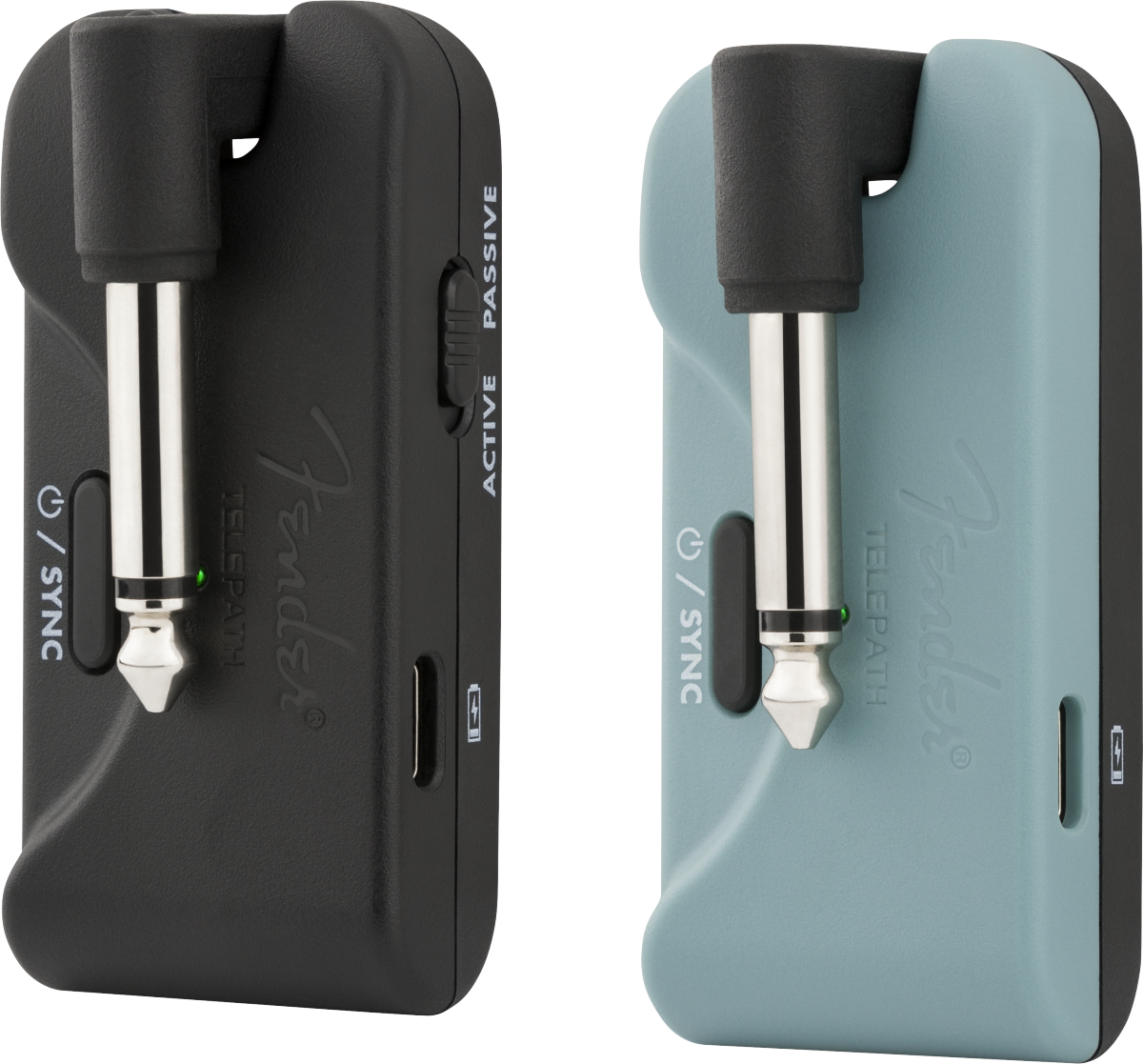 Image of Two Telepath Wireless Systems, one in Mystic Ice Blue and the other in Black, with visible input jacks and control buttons.