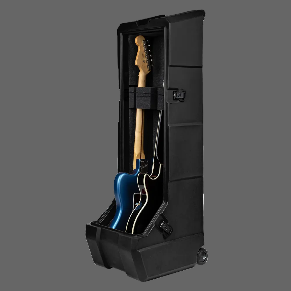 Image of Black guitar case with a blue electric guitar inside on a white background