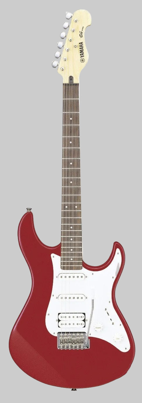 Image of Red electric guitar with a white pickguard on a white background