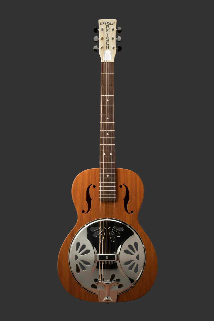 Image of Wooden resonator guitar with a white background