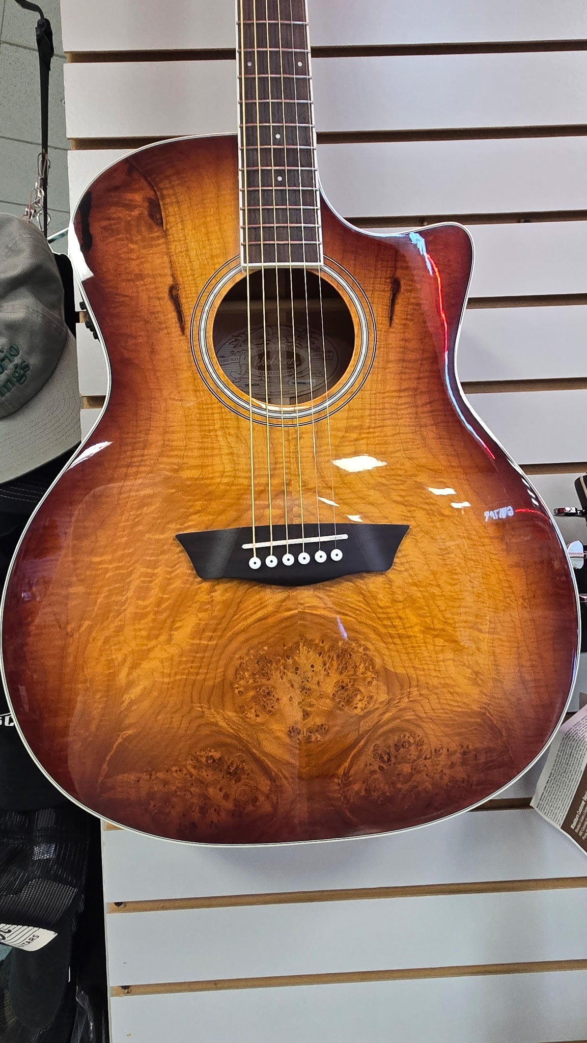 Image of Washburn DFBACEA Deep Forest Burl Grand Auditorium Acoustic Electric Guitar. Amber Fade