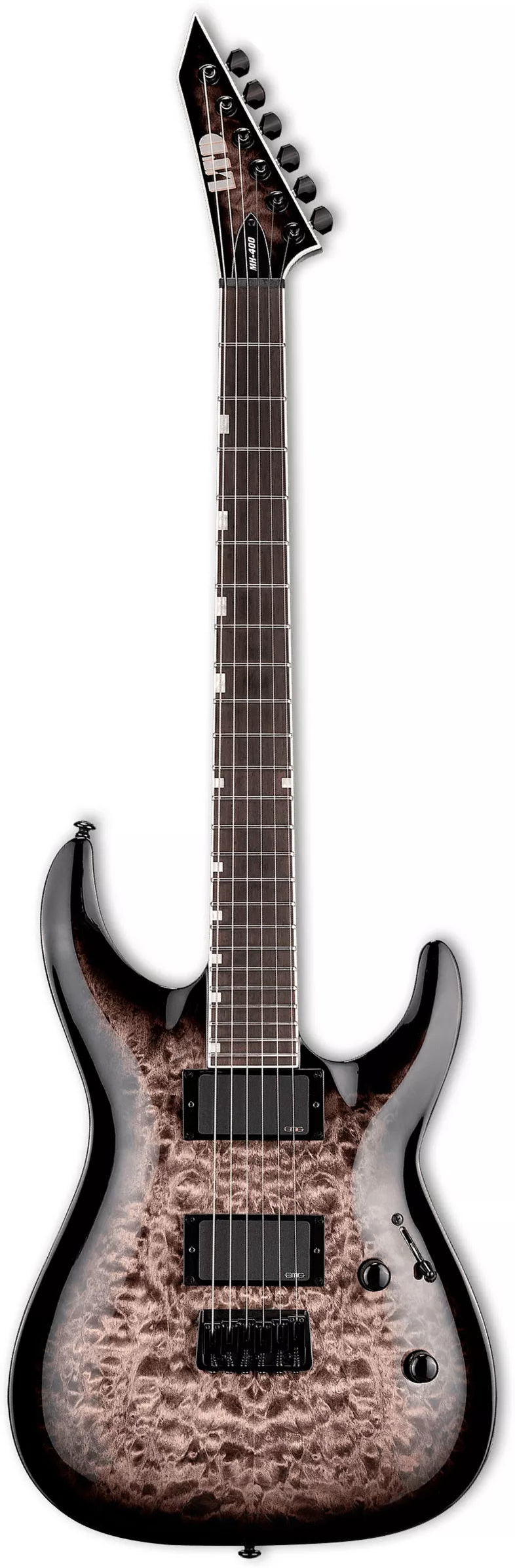 Image of A modern electric guitar with a distinctive black and brown mottled flame finish on the body, a dark wood fretboard, and black hardware, shown against a plain white background.