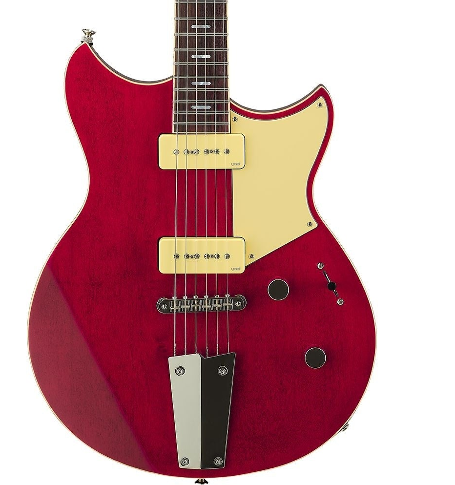 Image of Red electric guitar with a white pickguard on a white background