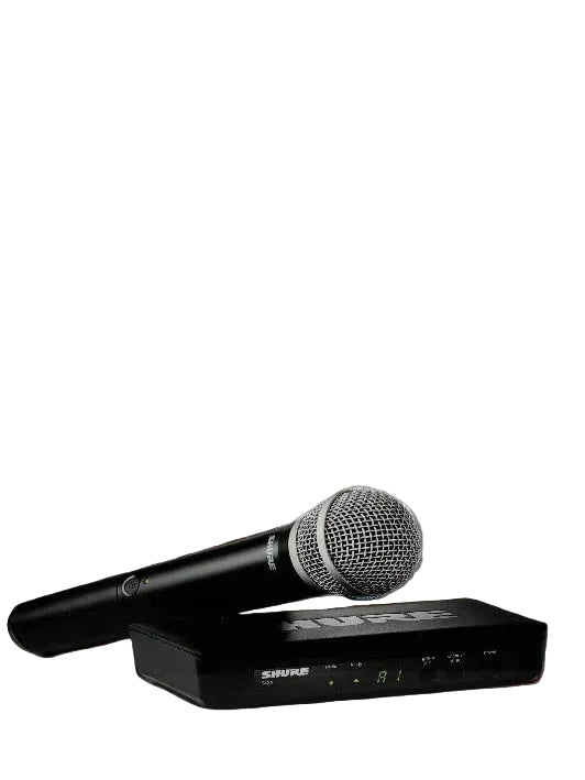 Image of Black microphone and receiver with 'S Rowe' branding on a gray background
