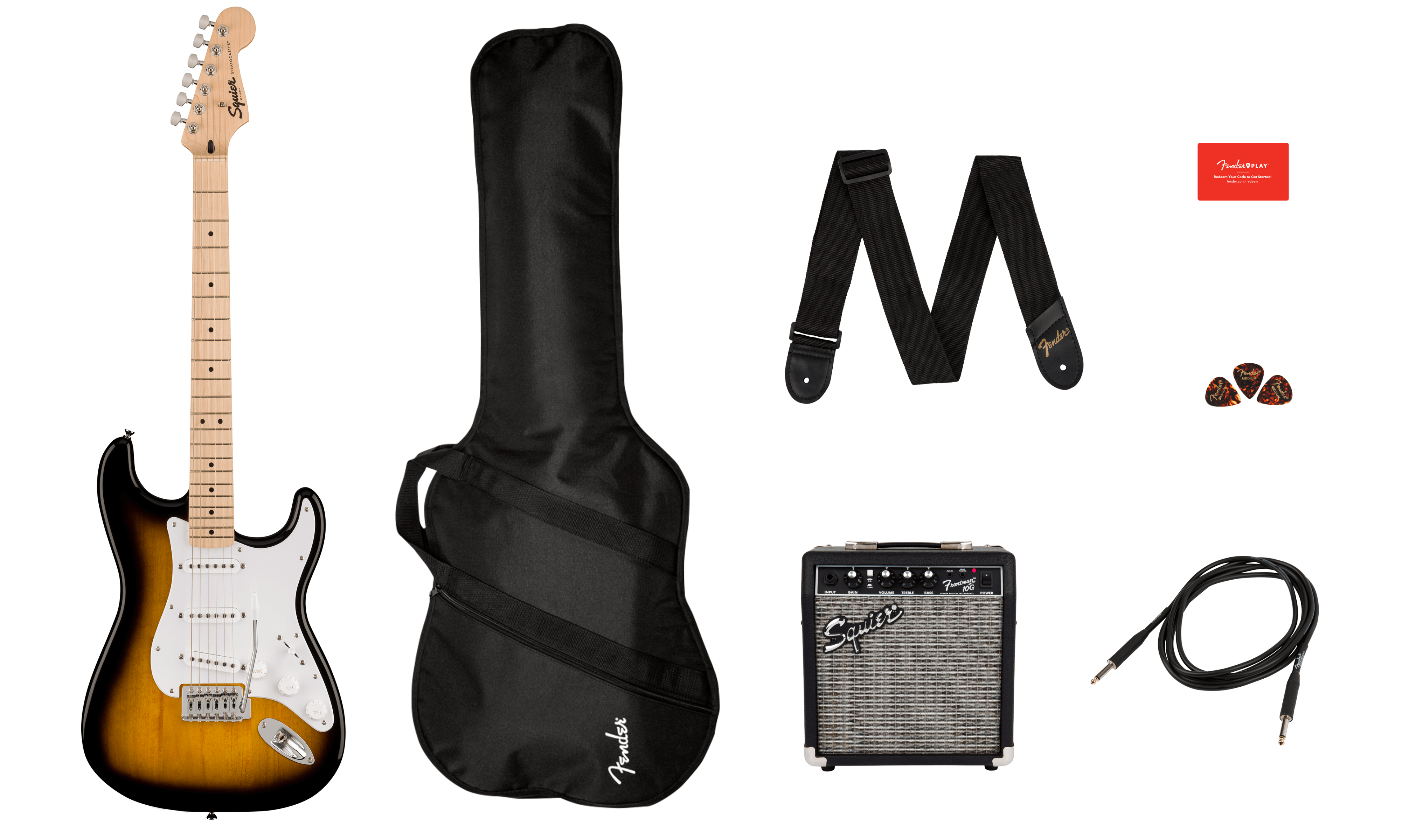 Image of Squier Sonic® Stratocaster® Pack, Maple Fingerboard, 2-Color Sunburst, Gig Bag, 10G Amp