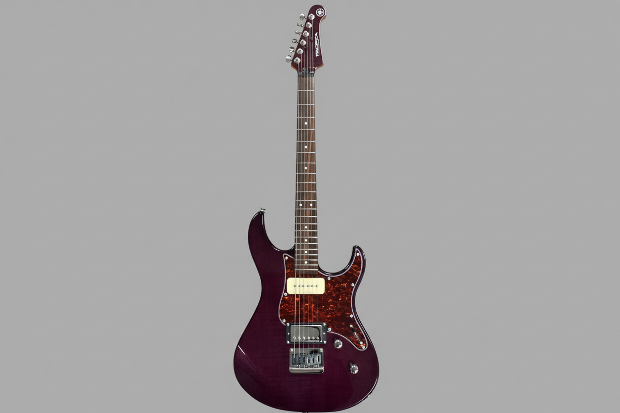 Image of Electric guitar with a maroon finish on a wooden surface