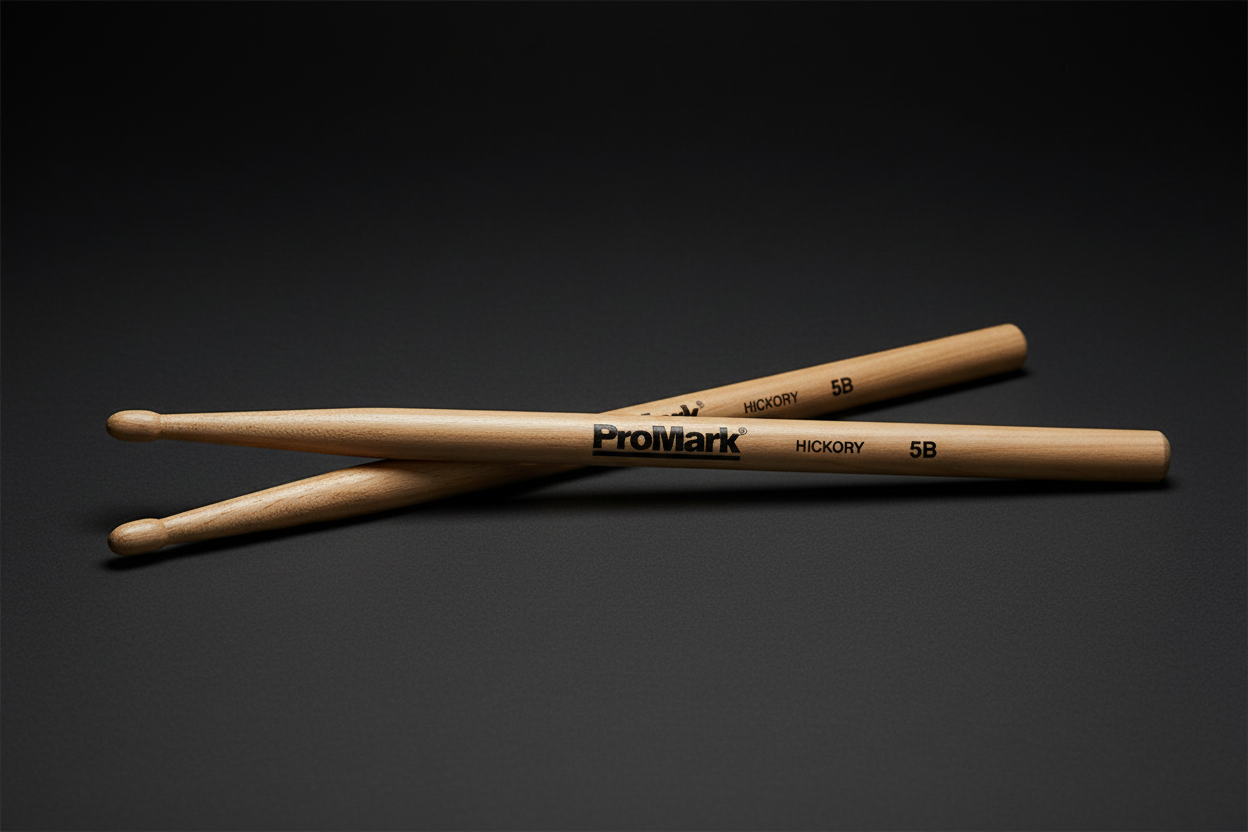 Image of ProMark 5B drumsticks studio product photo on dark background highlighting wood grain and tip detail