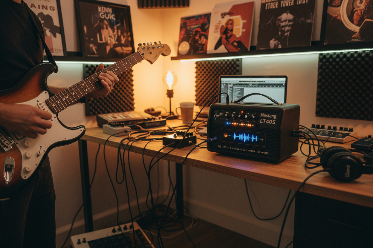 Image of Guitarist playing through a Fender Mustang LT40S stereo desktop amp in a home studio setup