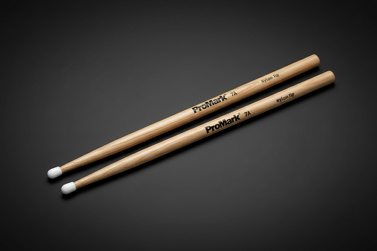 Image of ProMark 7AN nylon tip drumsticks studio product photo on dark background showing slim 7A profile and nylon tip detail