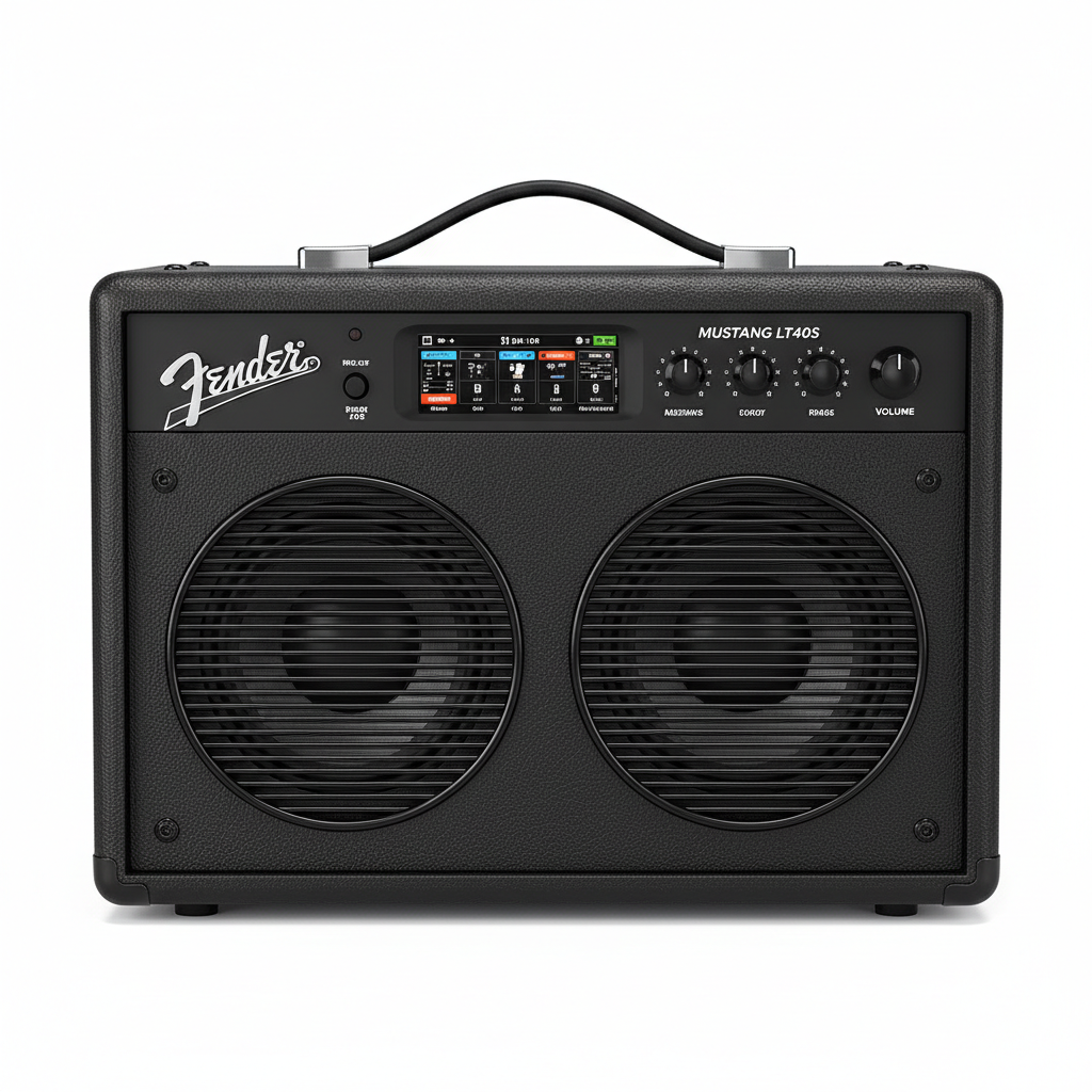Image of Fender Mustang LT40S stereo desktop guitar amplifier front view showing dual speakers and color display on white background
