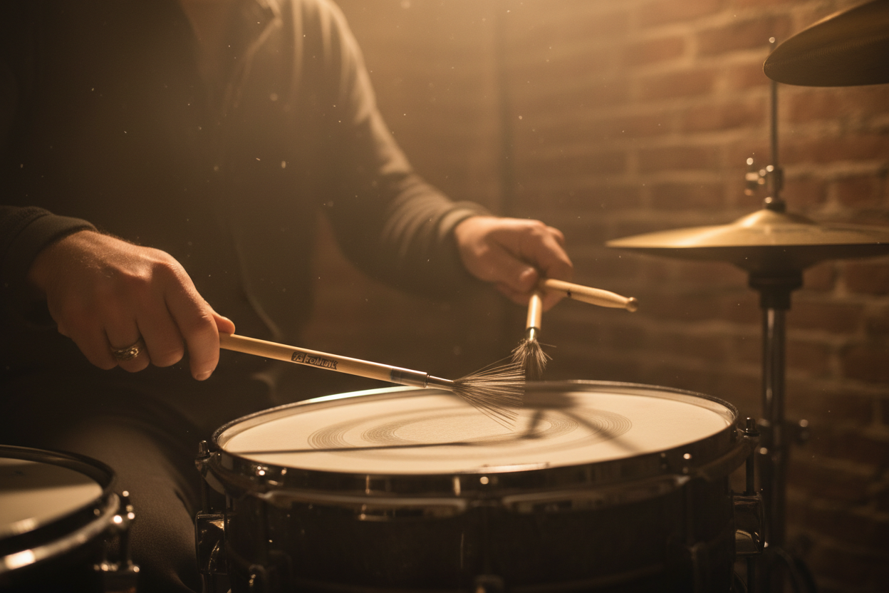 Image of ProMark TB3 Steel Jazz Telescopic Wire Brushes being played on a snare drum in a jazz setting