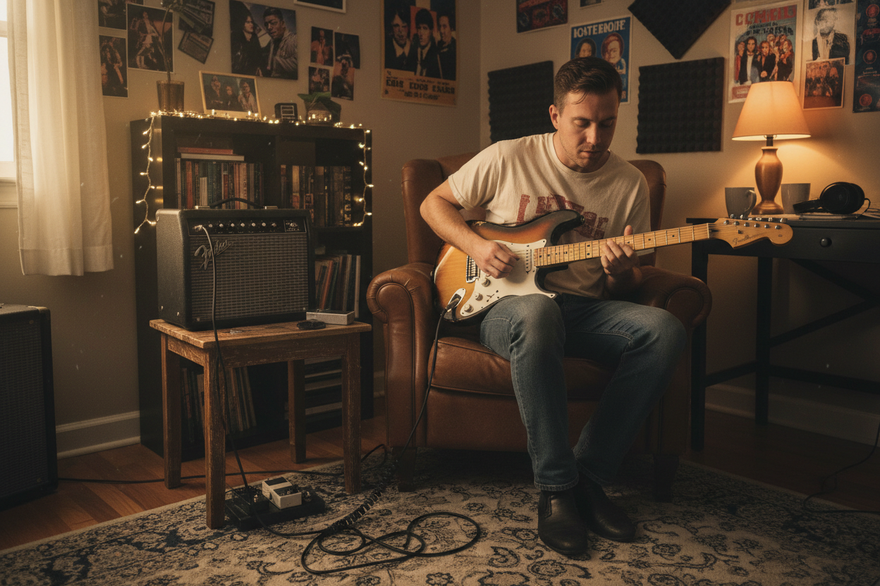 Image of Guitarist practicing through a Fender Champion II 25 amp in a bedroom studio setting