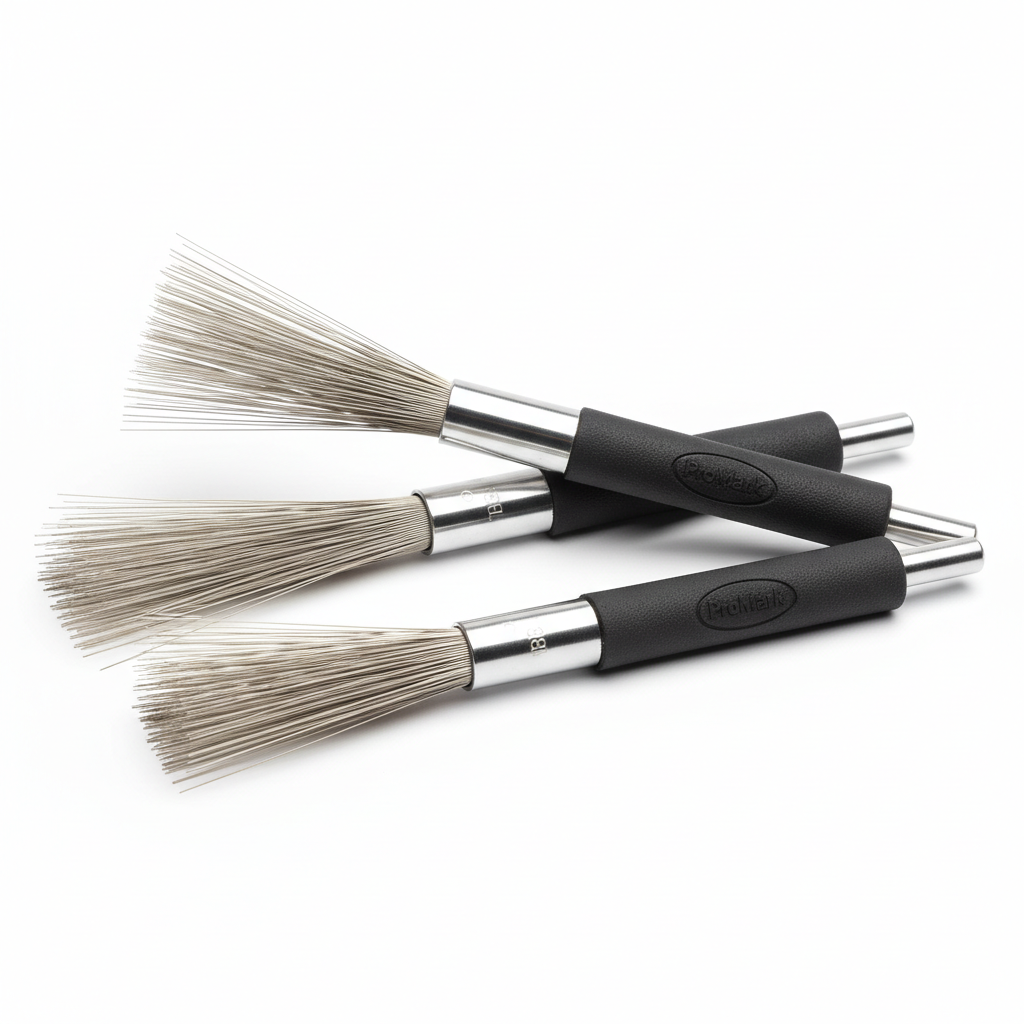 Image of ProMark TB3 Steel Jazz Telescopic Wire Brushes shown extended and retracted on white background