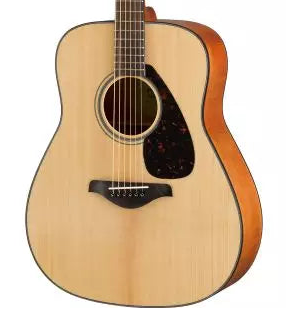 Image of A natural wood acoustic guitar with a dark brown sides and headstock, shown from a front-three-quarter angle on a solid white background.