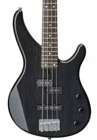 Image of Black electric bass guitar on a white background